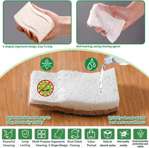 Vista 2 de Esponjas de cocina naturales biodegradables a base de plantas, esponja compostable de celulosa con fibra de coco, esponja de limpieza sin rayones