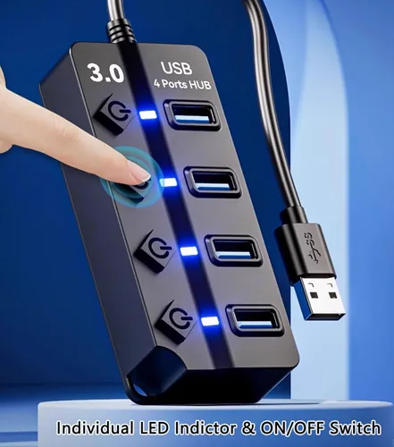Vista 5 de Hub USB 3.0 con 4 puertos USB 3.0, extensor USB de alta velocidad de 5 Gbps con interruptor individual y luz indicadora LED, concentrador USB