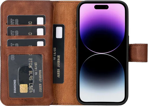 Vista 40 de HARDISTON Funda de piel auténtica de alta calidad hecha a mano para iPhone 7/8 / SE doble folio tarjetero - Funda magnética desmontable - Soporte