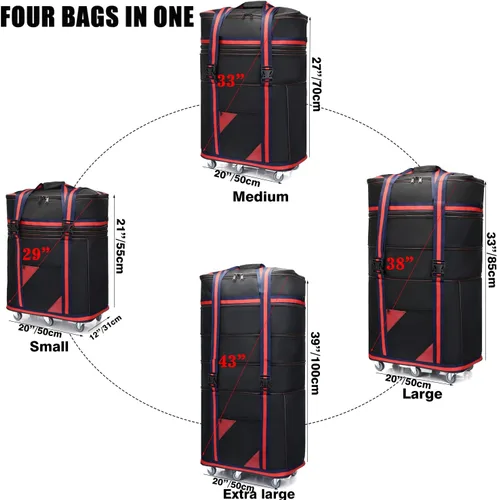 Vista 3 de ELDA Maleta plegable expandible para hombres y mujeres, bolsas de viaje con ruedas universales, equipaje ligero de gran capacidad, Negro