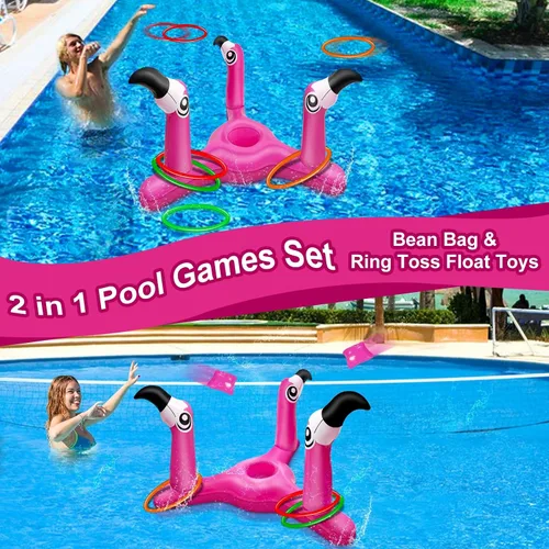 Vista 5 de Juego de juguetes inflables de flamenco 2 en 1 para lanzar y lanzar anillos. Juego de juguetes inflables de flamenco para piscina y cornhole