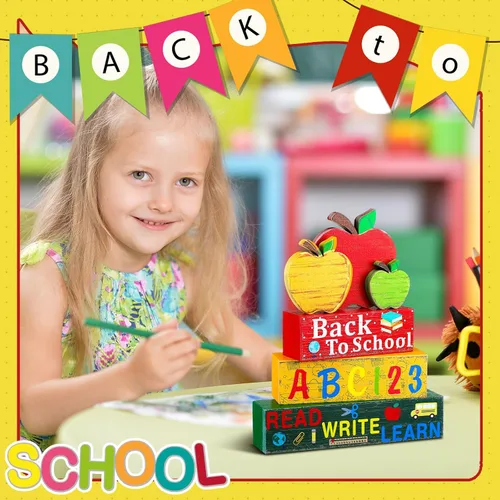 Vista 2 de Geelin 4 piezas de decoración escolar de regreso a clases en madera, bandeja escalonada de manzana, mini pilas de libros de madera, lápices, libros