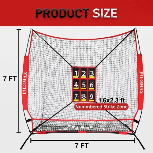 Vista 2 de Red de práctica de béisbol y softbol de 7 x 7 pies con zona de golpe numerada, red de entrenamiento de lanzamiento portátil resistente