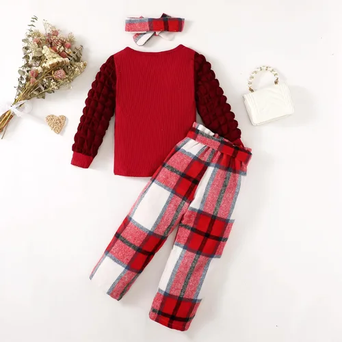 Vista 4 de Conjunto de 4 piezas de ropa de bebé niña acanalada de manga larga abombada + pantalones a cuadros + diadema + cinturón de 4 piezas para otoño e