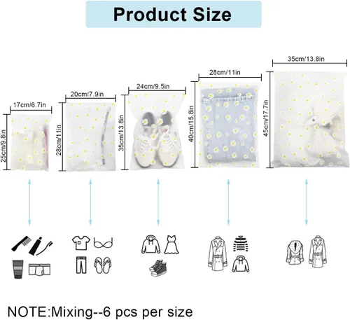 Vista 3 de 30 bolsas de almacenamiento de viaje para ropa, bolsas Ziplock de plástico transparente, 5 tamaños Daisy Pattern, Reusable Zipper Pouches