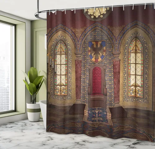 Vista 4 de Ambesonne Cortina de ducha gótica, color rojo medieval en la capilla, retrato de águila en la pared, impresión de construcción de fantasía, juego