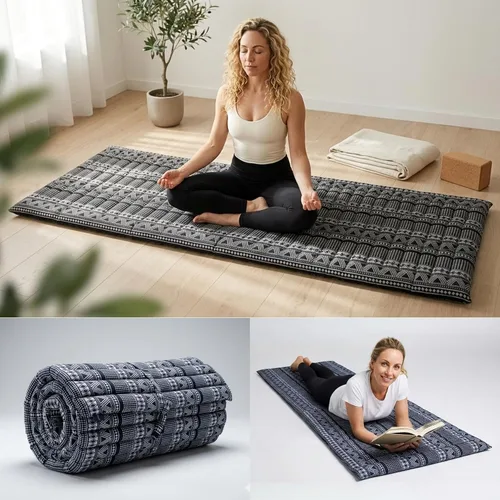 Vista 43 de Leewadee - Colchón de piso plegable - Futón japonés enrollable -Alfombra de tatami triple pliegue - Cama de piso para invitados - Colchón de camping