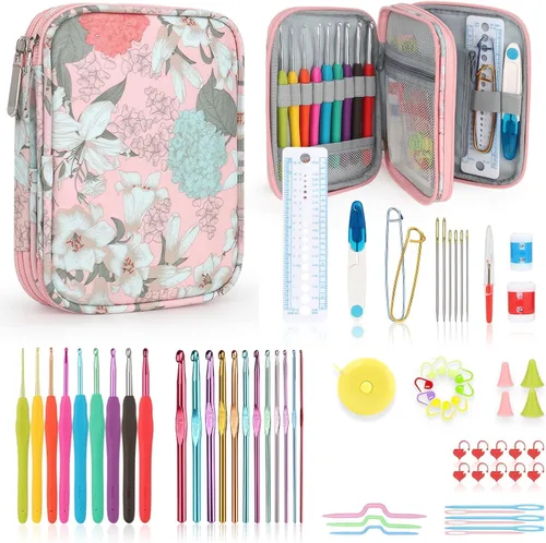 Vista 11 de Katech - Kit de ganchos de ganchillo con estuche, juego de 85 piezas de ganchillo, ganchos ergonómicos para tejer, agujas de tejer, kits de hilo