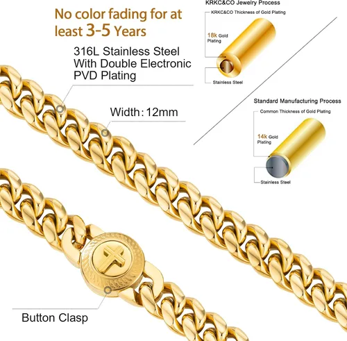 Vista 3 de KRKC&CO - Pulsera de eslabones cubanos de 12/0.551 in para hombre, chapada en oro de 18 quilates, cruz, brújula, calaveras redondas, cierre tallado