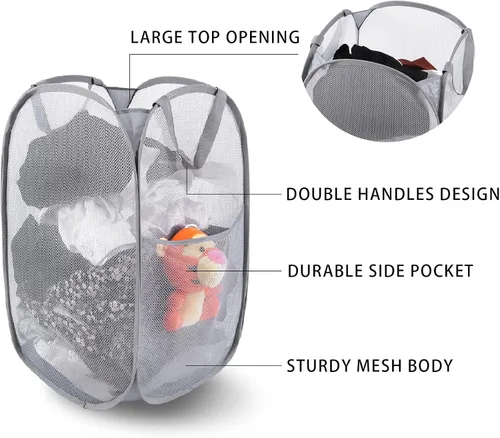 Vista 3 de Kimmama Cesta de lavandería desplegable con bolsillo lateral, 72L Plegable, Plegable, Desmontable, Contenedor de Almacenamiento de Ropa, Con