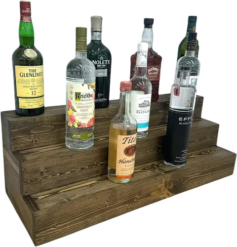 Vista 19 de Estantería de exhibición escalonada hecha a mano, exhibición de barra de tres niveles, organizador de barra, exhibición de botellas de licor