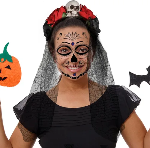 Vista 7 de HOWAF Diadema de Halloween, Día de los Muertos, tocado de rosa para festival, cosplay, diadema floral de Halloween, mujeres y adultos, accesorio