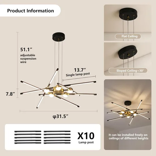 Vista 6 de Candelabro negro moderno, Candelabro Sputnik de 10 luces regulable enchufable, lámpara colgante de techo con instalación empotrada, lámpara colgante