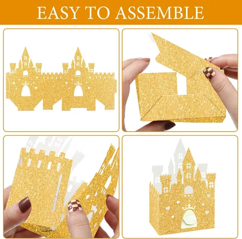 Vista 4 de Chrisfall 24 cajas de dulces de castillo de princesa con purpurina, decoración de fiesta de castillo de princesa, cajas de regalo de cumpleaños
