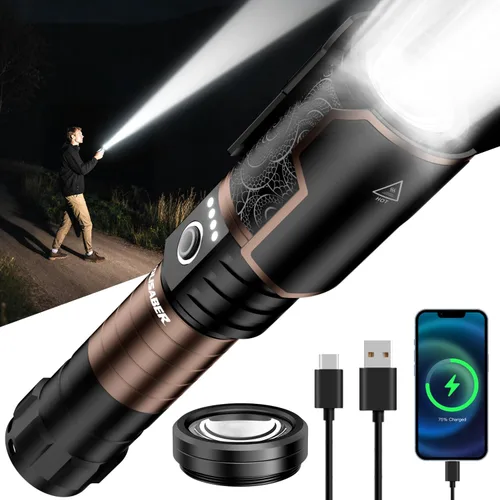 Vista 10 de Linterna de 2000 lúmenes de alta luminosidad con lente de encendido, linterna LED recargable superbrillante con zoom, 5 modos, impermeable, linterna
