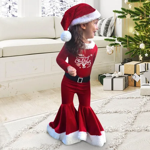 Vista 2 de AMIMOJY Trajes peludos de Navidad para niñas pequeñas, con cuello redondo, sin botones, con gorro de Papá Noel, conjunto de cinturón con leggings