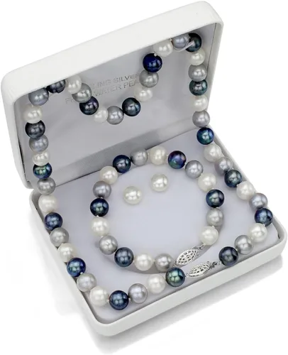Vista 2 de Collar de perlas cultivadas de agua dulce multioscuras teñidas de plata de ley de 0.354-0.374 in, pulsera y pendientes de tuerca