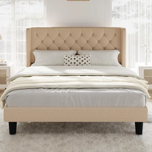 Vista 3 de Allewie Base de cama de tamaño matrimonial con cabecera copetuda con botones en la parte trasera, marco de cama tapizado moderno con soporte