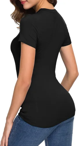 Vista 6 de Urban CoCo Camiseta básica casual para mujer, ajustada, manga corta, cuello en V, ajustada