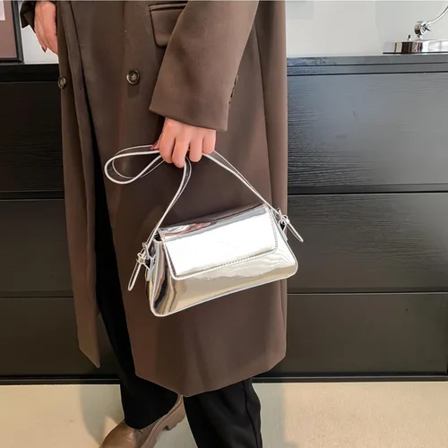 Vista 3 de Bolso de hombro pequeño para mujer, lindo bolso de mano hobo de noche, bolso de mano Y2K plateado brillante para fiesta, graduación, boda