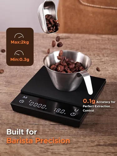 Vista 4 de Báscula de café con temporizador automático, báscula de café recargable con temporizador, relaciones y pantalla de caudal, 3 modos, grado barista