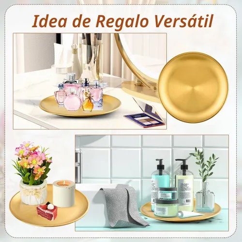 Vista 8 de 8 bandejas redondas doradas de 9 pulgadas, bandejas de postre de acero inoxidable, bandeja de barra para encimera, bandejas de perfume para tocador