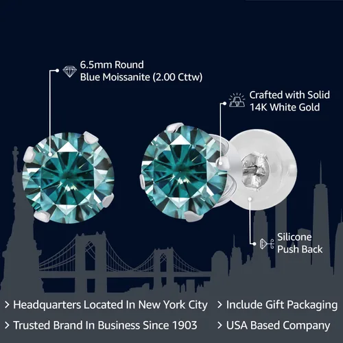 Vista 2 de Gem Stone King Aretes de moissanita azul de oro blanco de 14 quilates 2.00 Cttw Redondos de 0.256 in Aretes redondos de oro blanco