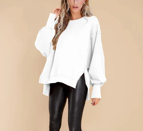 Vista 3 de BWQ Sudadera de gran tamaño para mujer, cuello redondo, manga larga, sin botones