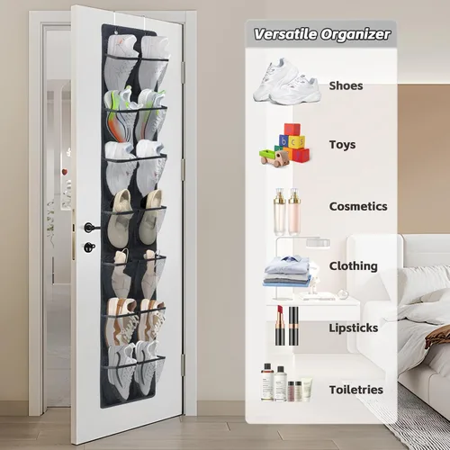 Vista 5 de PVWSG Organizador de zapatos sobre la puerta, 14 bolsillos grandes de malla para colgar zapatos para organizadores de clóset y almacenamiento, Negro