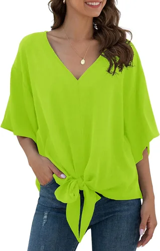 Vista 20 de VIISHOW Womens Tie Front Chiffon Blouses V Neck Batwing Short Sleeve Summer Tops Shirts Albaricoque