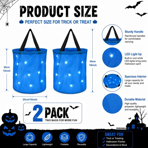 Vista 2 de Shappy 2 bolsas LED para dulces de Halloween, cubo con luz para dulce o Azul