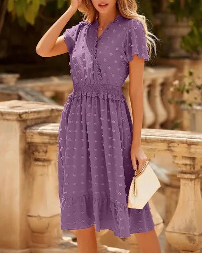 Vista 4 de BTFBM Vestidos de verano de manga corta con cuello en V y lunares suizos para mujer, vestidos largos con volantes, estilo bohemio, vestido