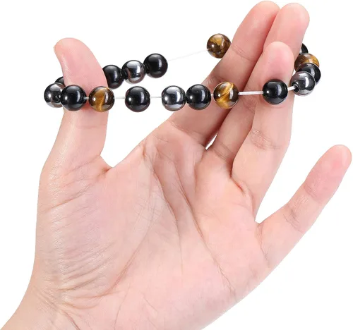 Vista 6 de Jovivi Pulseras de hematita negra de obsidiana con ojo de tigre para hombres y mujeres, 0.394 pulgadas (0.394 in), cuentas redondas naturales