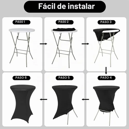 Vista 5 de FestiCorp Mantel de Mesa Negro de Spandex, Manteles Ajustados para Cóctel, Manteles Elásticos Redondos para Mesa Alta para Fiestas, Bar, Bodas
