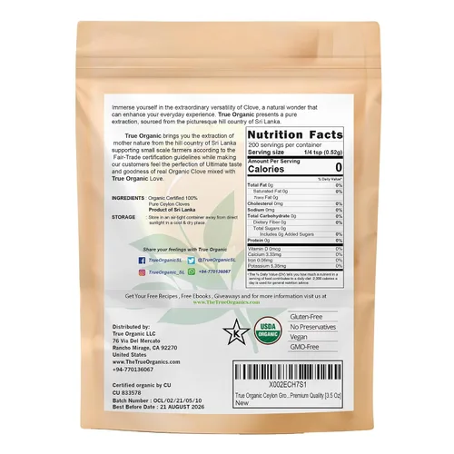 Vista 2 de True Organic Clavo molido de Ceilán, 3.5 onzas, polvo de clavo orgánico USDA orgánico y certificado Kosher, sin OMG, clavo molido fresco, Ceilán
