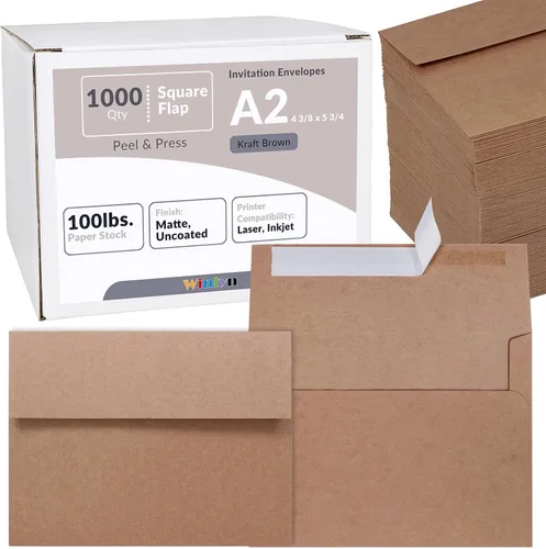 Vista 11 de 500 piezas de sobres de invitación A2 en marrón kraft, autoadhesivos, con solapa cuadrada, 4 3/8 x 5 3/4, sobres de RSVP, sobres de devolución, 100