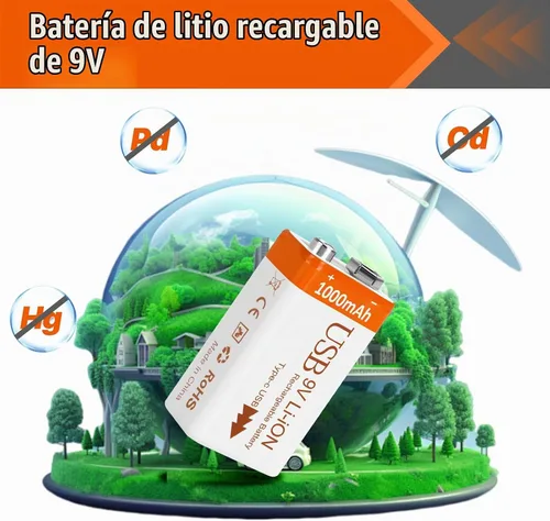 Vista 7 de Baterías recargables de litio 9V 1000mAh con 2 en 1 cable de carga USB Batería de iones de litio 6f22 de 9 voltios para detector de humo, pedales