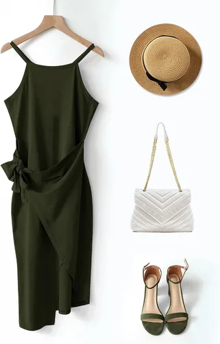 Vista 7 de NOLLSOM Vestido casual sin mangas a rayas para mujer, vestido por debajo de la rodilla de verano con cuello halter, fruncido, entallado, con lazo