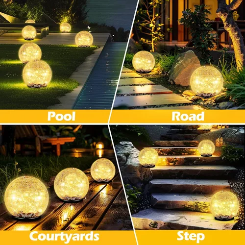 Vista 7 de Luces solares de bola de jardín impermeables para exteriores, 30 luces LED de vidrio agrietado, luces de suelo para camino, patio, césped