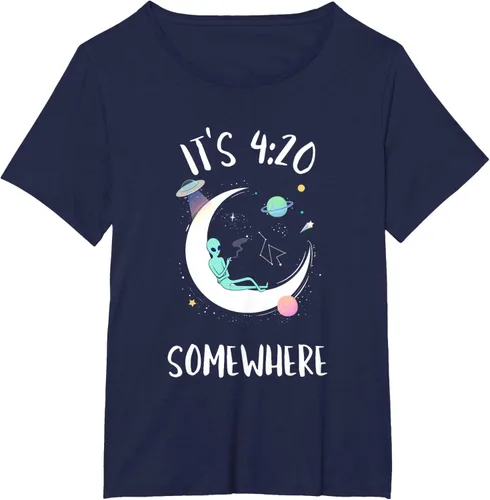 Vista 14 de Funny Weed Joint Smoking Moon Alien It's 4:20 Somewhere Camiseta, Negro, S