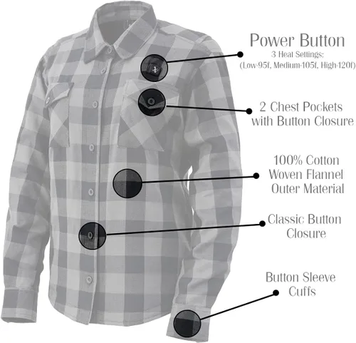 Vista 8 de Nexgen Heat NXL2601SET 'Bonnie' - Camisa de manga de franela calefactada negra y gris para actividades al aire libre con batería