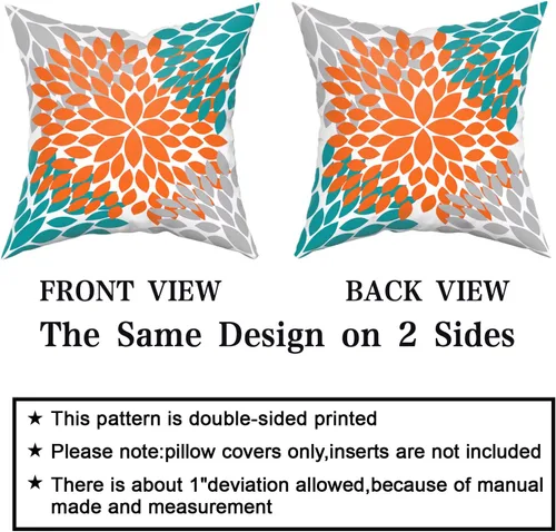 Vista 4 de Kawani Fundas para Almohada Naranja Turquesa Gris 20x20 Dahlias Floral Modernas Fundas de Almohada de Estilo Rústico de Granja para Sofá de Algodón