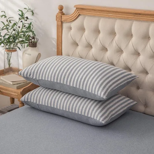 Vista 18 de PURE ERA Fundas de almohada de punto jersey 100% algodón tipo camiseta, súper suaves, cómodas, transpirables, juego de 2, estándar 20" x 26", rayas