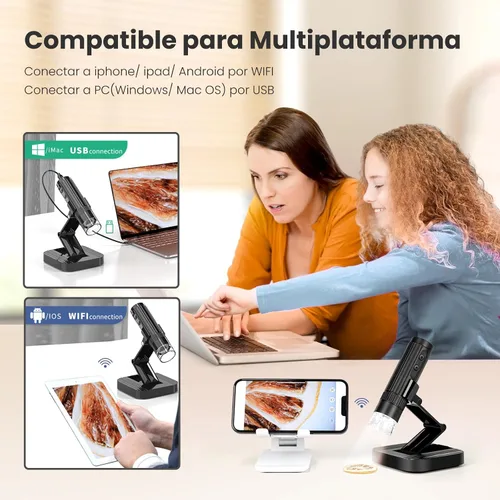 Vista 4 de Microscopio digital inalámbrico M2C 50X-1000X Microscopio portátil de mano 1080P HD con soporte ajustable, mini microscopio USB para monedas, lupa
