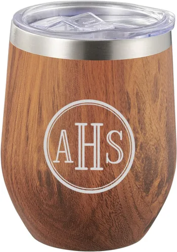 Vista 2 de Visol Taza de viaje personalizada de madera de vino de acero inoxidable de doble pared aislada (monograma romano)