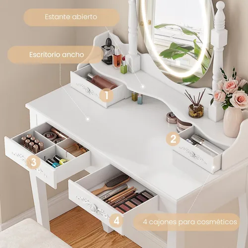 Vista 3 de Escritorio de tocador con espejo y luces, mesa de maquillaje con juego de Blanco