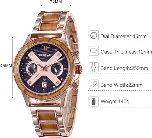 Vista 6 de RORIOS Reloj de madera para hombre multifunción cronógrafo reloj de madera natural hecho a mano reloj de cuarzo impermeable para hombre