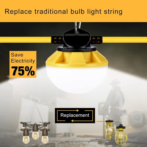 Vista 6 de Luces de cadena de construcción de 50 pies con jaula protectora, luces de trabajo LED de cadena impermeables IP65, luz diurna 5000K con cable 18AWG