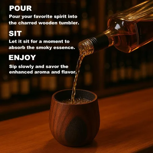 Vista 5 de Vasos de Whisky de Madera Carbonizada – Vasos de Bourbon de 6 oz para Hombres con Interior Quemado – Copas de Cóctel Old Fashioned – Regalos