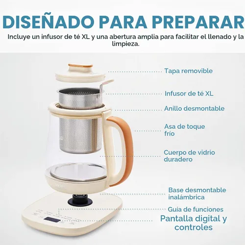 Vista 4 de AROMA® Hervidor de té eléctrico de vidrio de infusión profesional con control de temperatura y 10 modos preestablecidos (6 tazas, 1.5 litros)